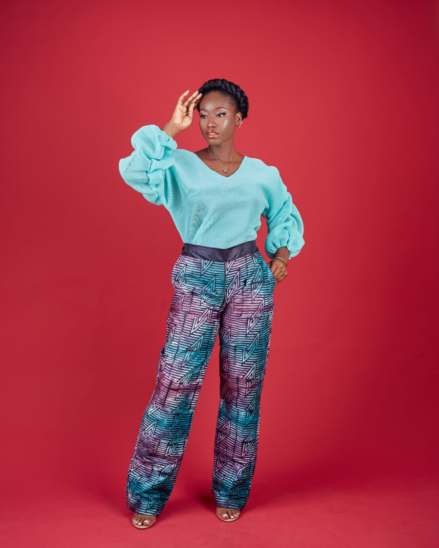 Sleeve V-Neck Top with Adire Hand-Dyed Pants