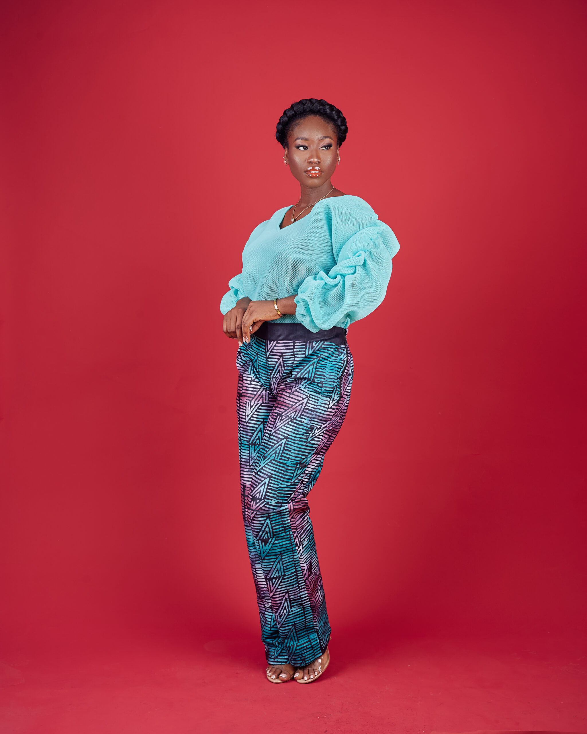Sleeve V-Neck Top with Adire Hand-Dyed Pants
