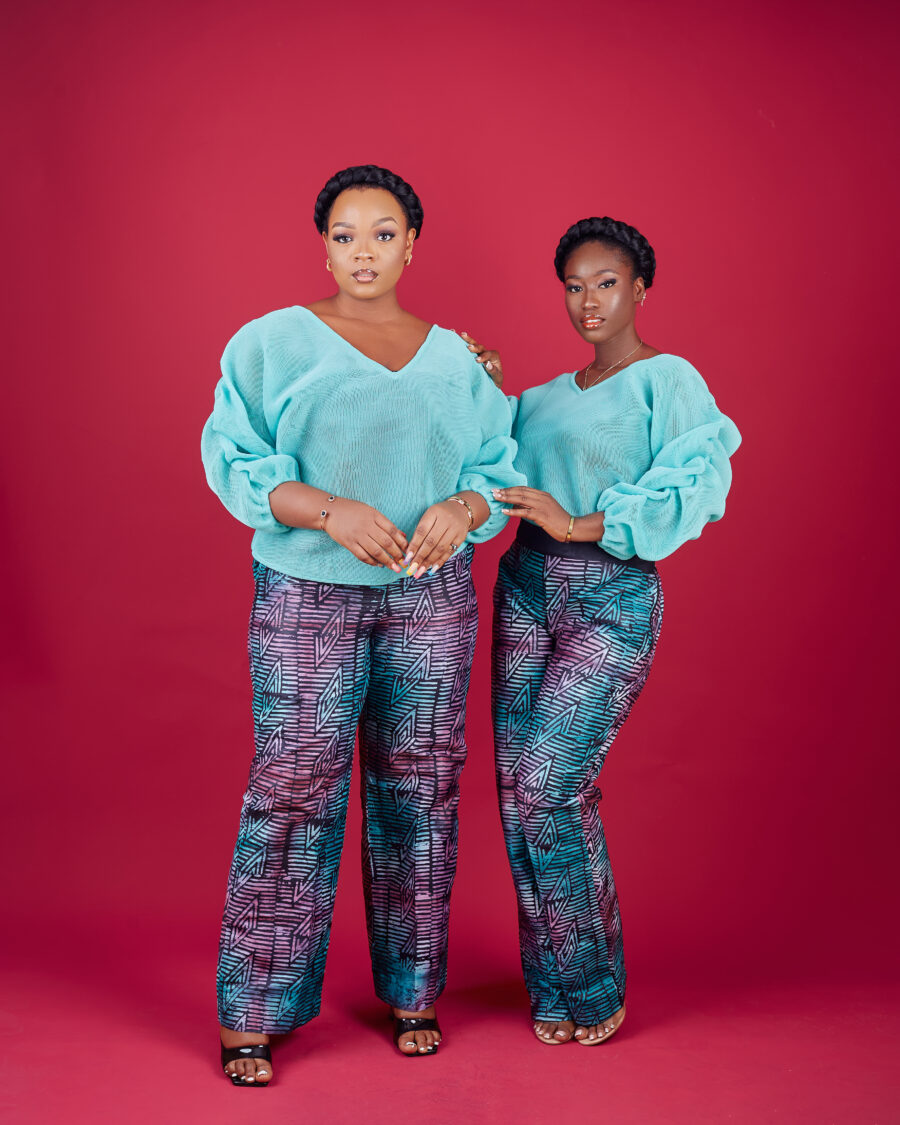 Sleeve V-Neck Top with Adire Hand-Dyed Pants