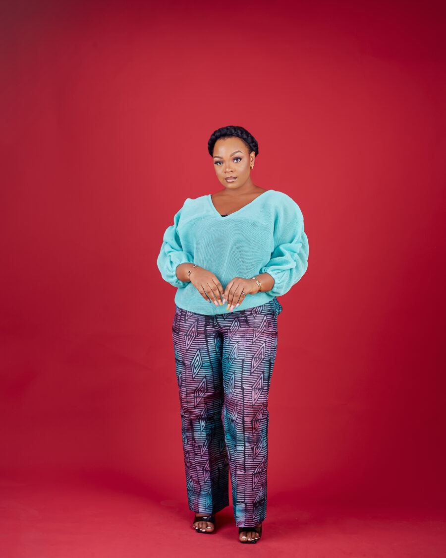 Sleeve V-Neck Top with Adire Hand-Dyed Pants