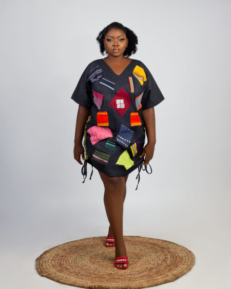 Denim with aso oke patches dress available for sale in Nigeria